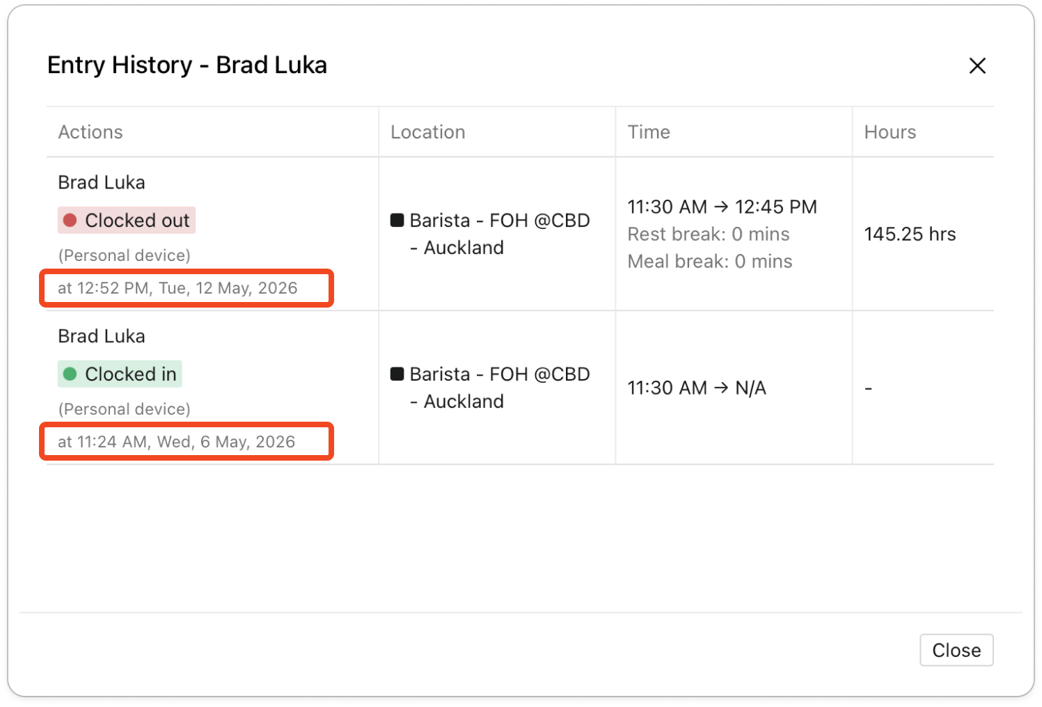The Entry History window with the Clocked in and Clocked out rows in the Actions column, and the "at" line beside each one showing a different date, so the two days are visible side by side