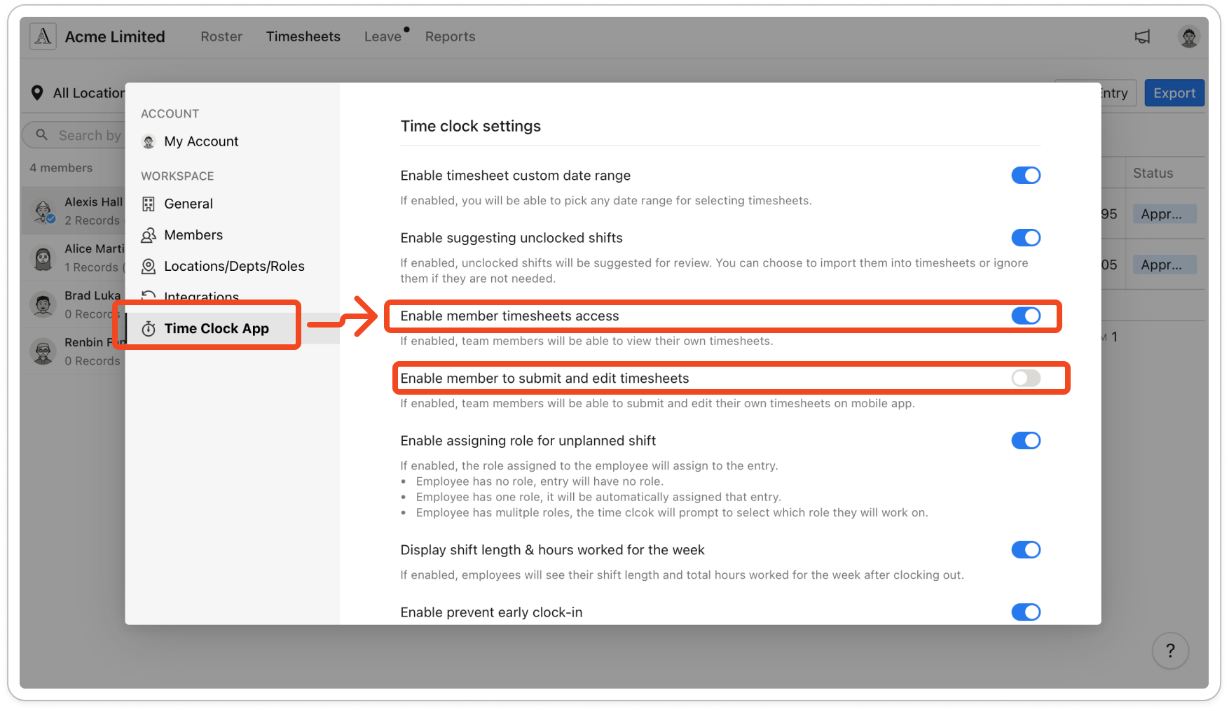 Settings on the Time Clock App tab, with Enable member timesheets access and Enable member to submit and edit timesheets both turned on under Time clock settings