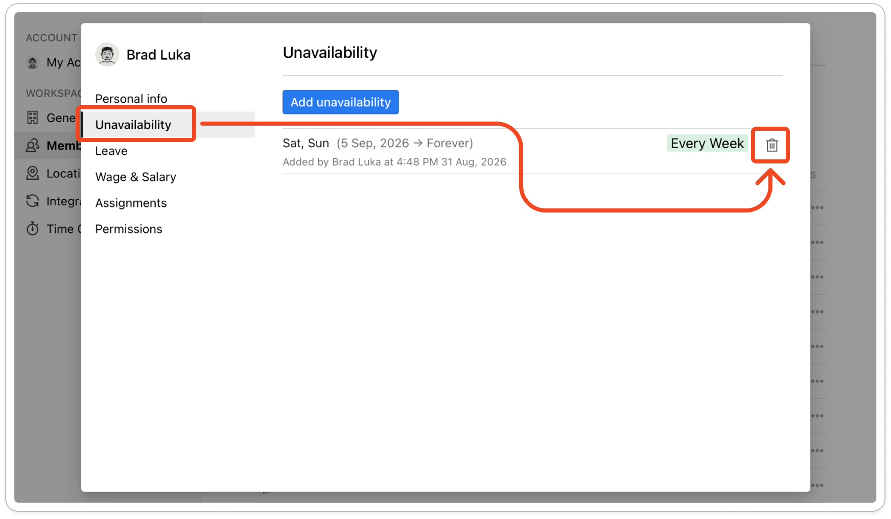 The confirmation window asking "Are you sure you want to delete this unavailability request?" with the red Delete button and Cancel below it