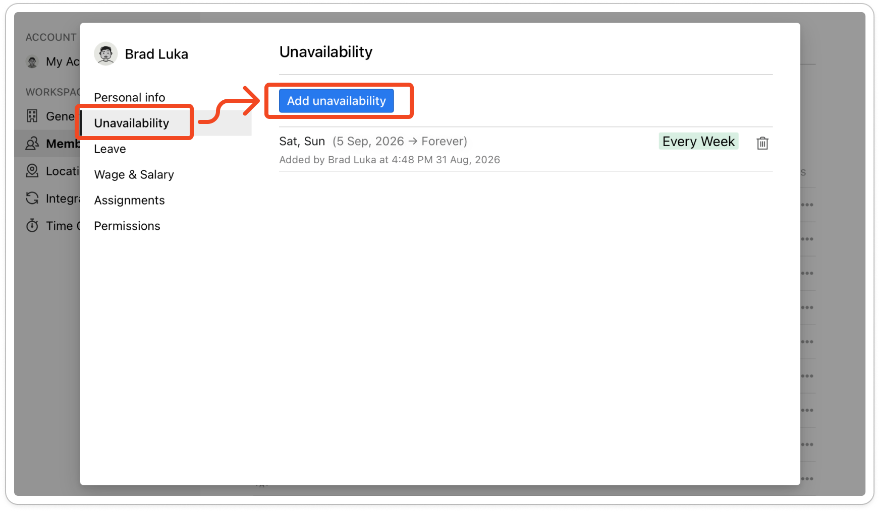 A member's profile window with Unavailability selected on the left, the Add unavailability button at the top, and two existing entries listed below it