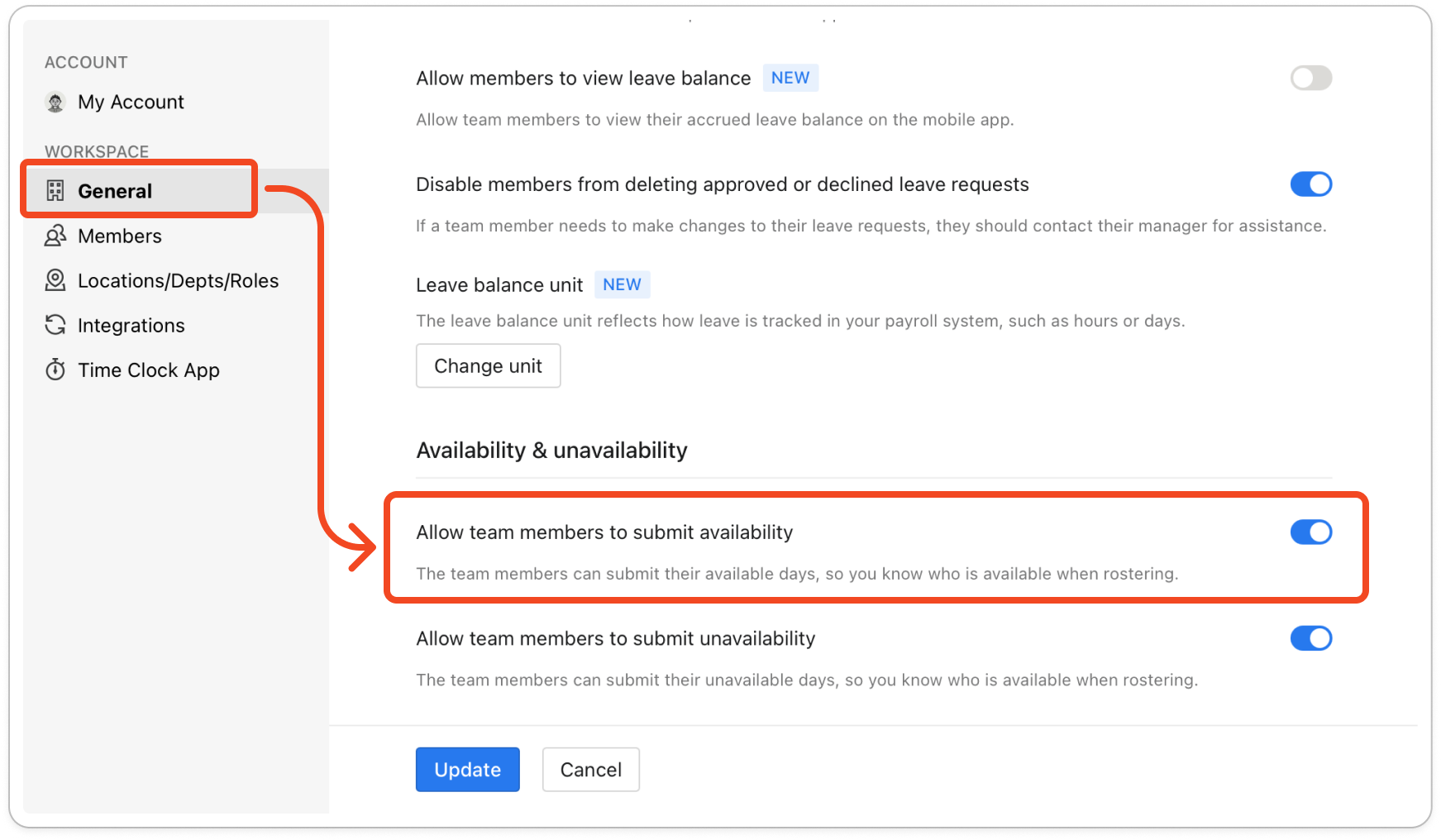 Settings open on the General tab, scrolled to the Availability & unavailability block, with the Allow team members to submit availability switch turned on