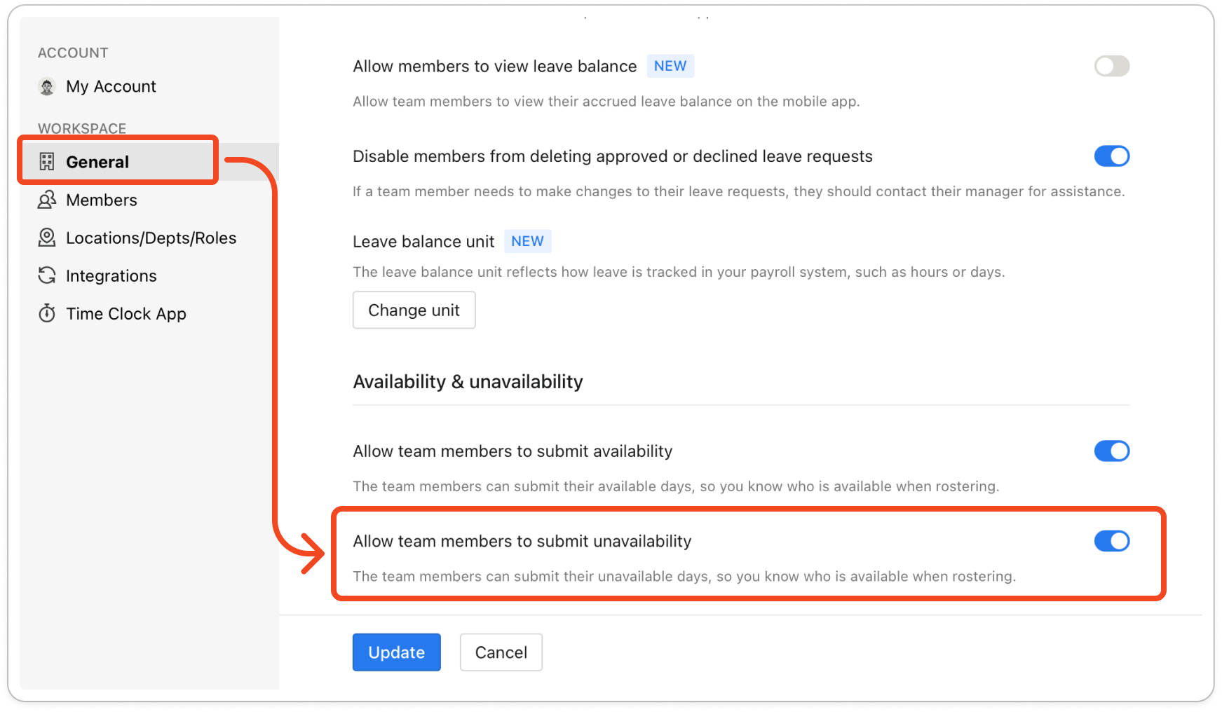 Settings open on the General tab, scrolled to the Availability & unavailability heading, with the Allow team members to submit unavailability switch turned on