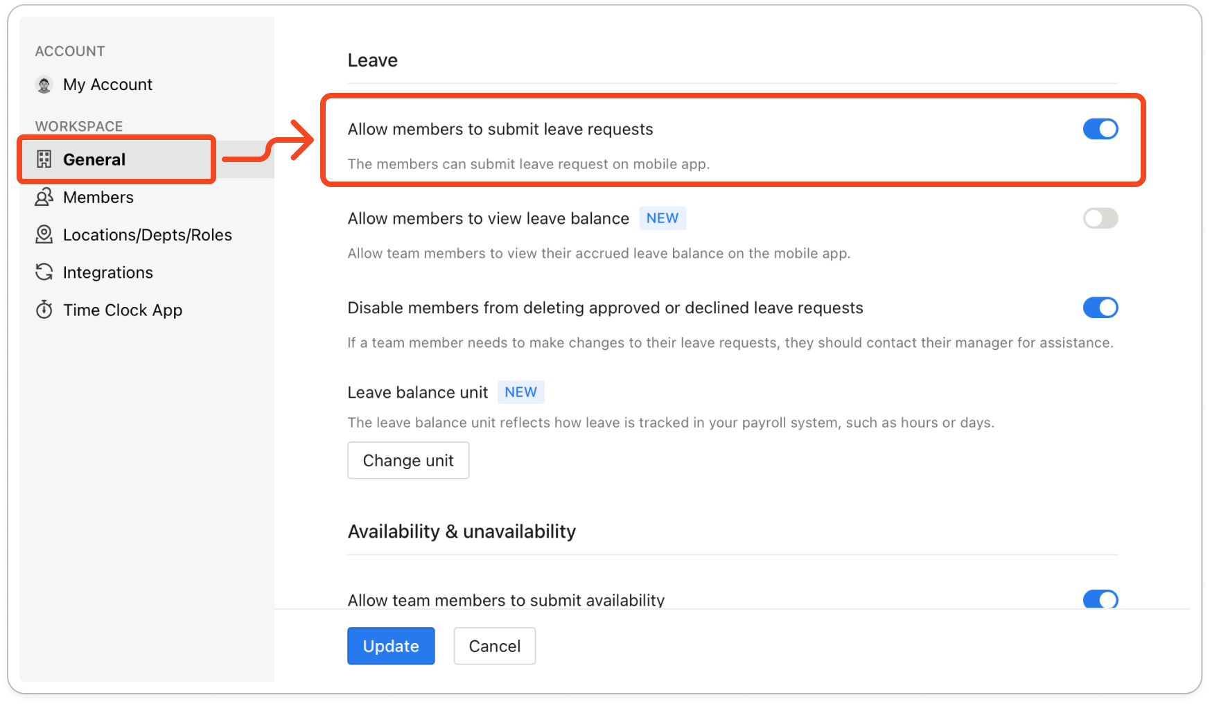 Settings open on the General tab, scrolled to the Leave heading, with the Allow members to submit leave requests switch turned on and the two switches below it now showing