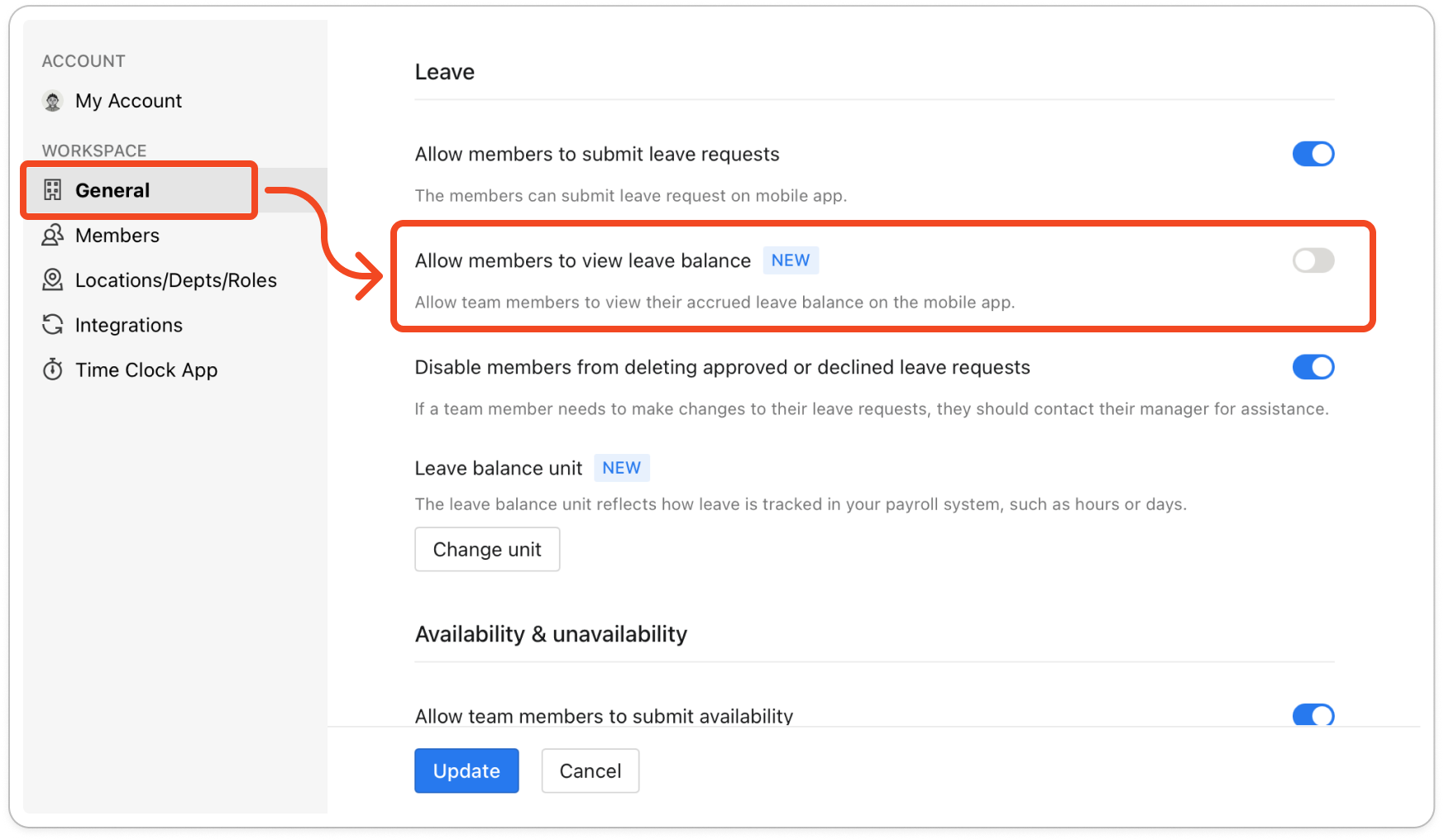 Settings open on the General tab, scrolled to the Leave section, with Allow members to submit leave requests and Allow members to view leave balance both turned on