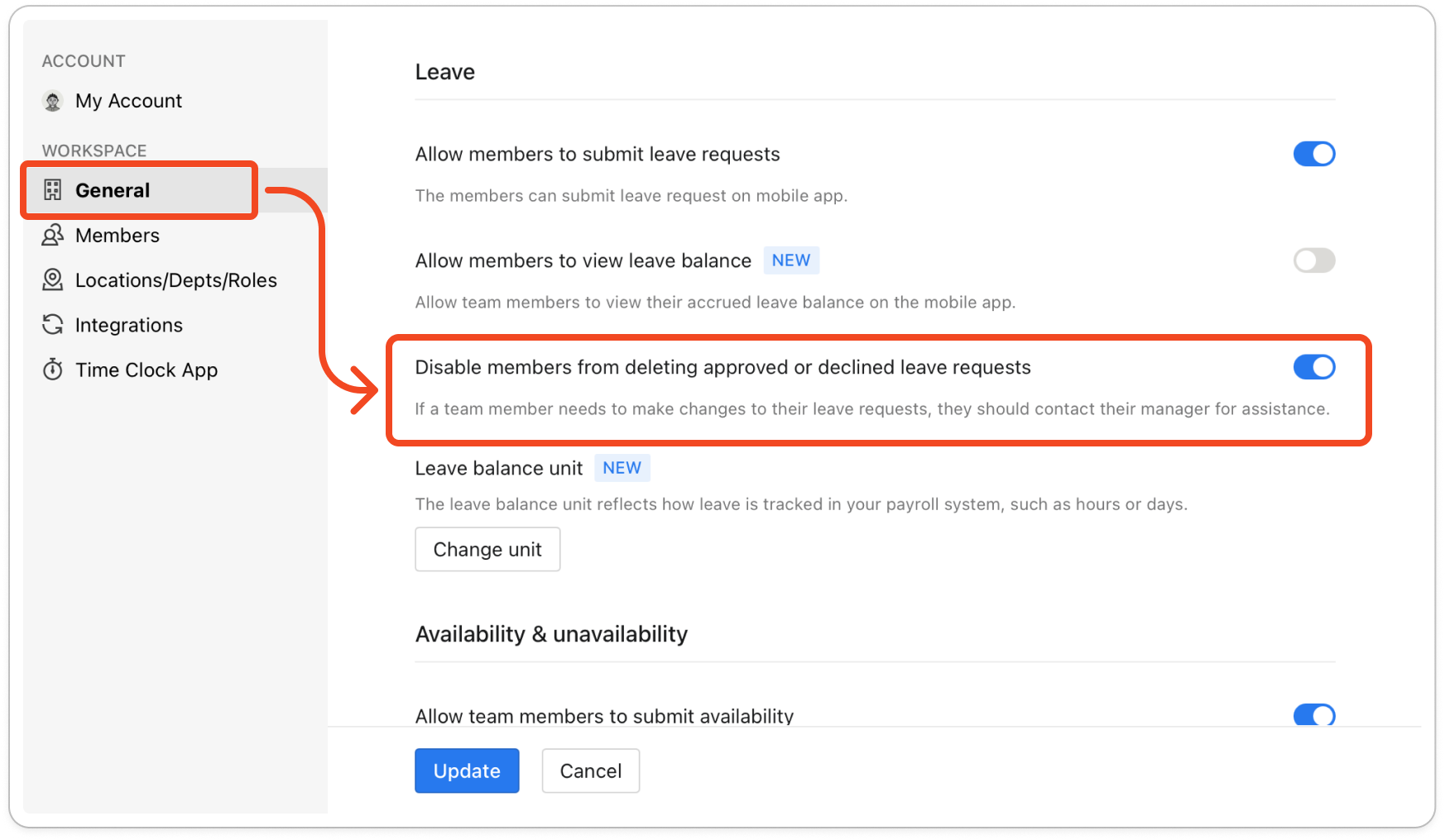 Settings open on the General tab, scrolled to the Leave block, with Allow members to submit leave requests turned on and Disable members from deleting approved or declined leave requests turned on below it
