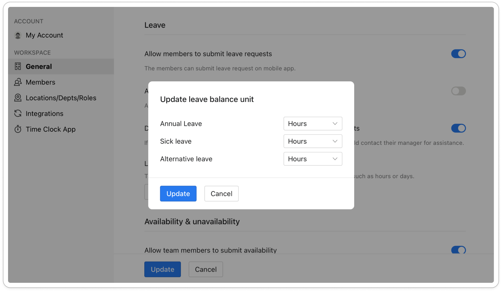 The Update leave balance unit window, with the unit beside one leave type open and showing Hours and Days as the two options
