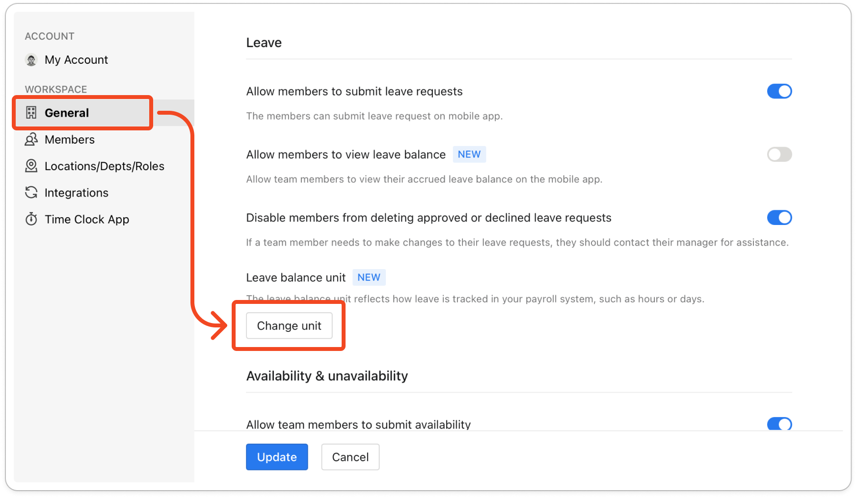 Settings open on the General tab, scrolled to the Leave section, with the Leave balance unit row and its Change unit button highlighted