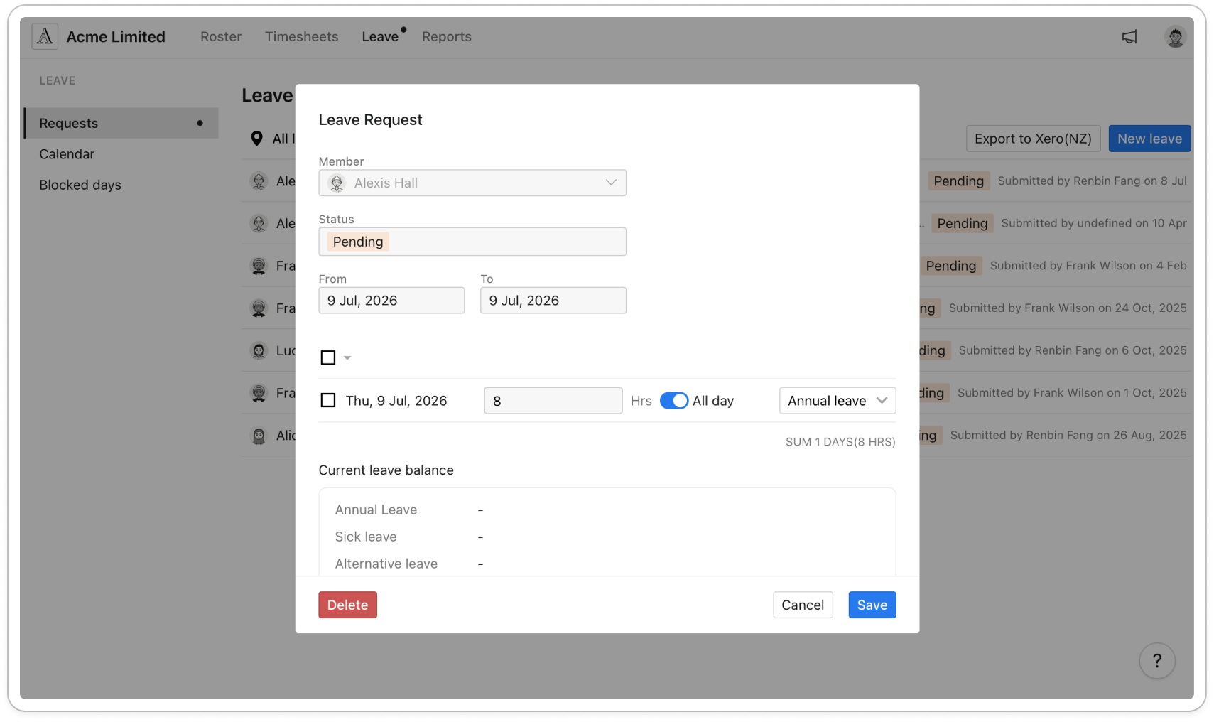 The Leave Request window open on an existing entry, with the Delete button at the bottom left and Save at the bottom right