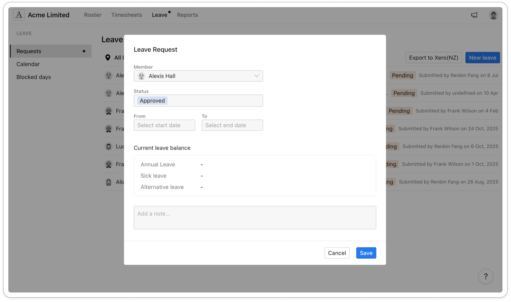 The Leave Request window with a member selected, Status set to Approved, From and To dates filled in, and a row for each day showing Not working days