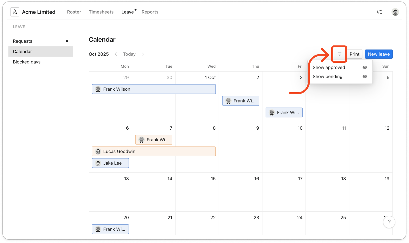 The filter popover open under the filter icon, showing Show approved and Show pending with an eye icon beside each