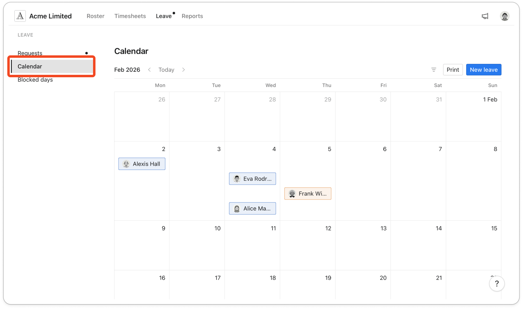 Leave page with Calendar selected in the left sidebar, showing a full month with several leave bars across the days and today's date circled