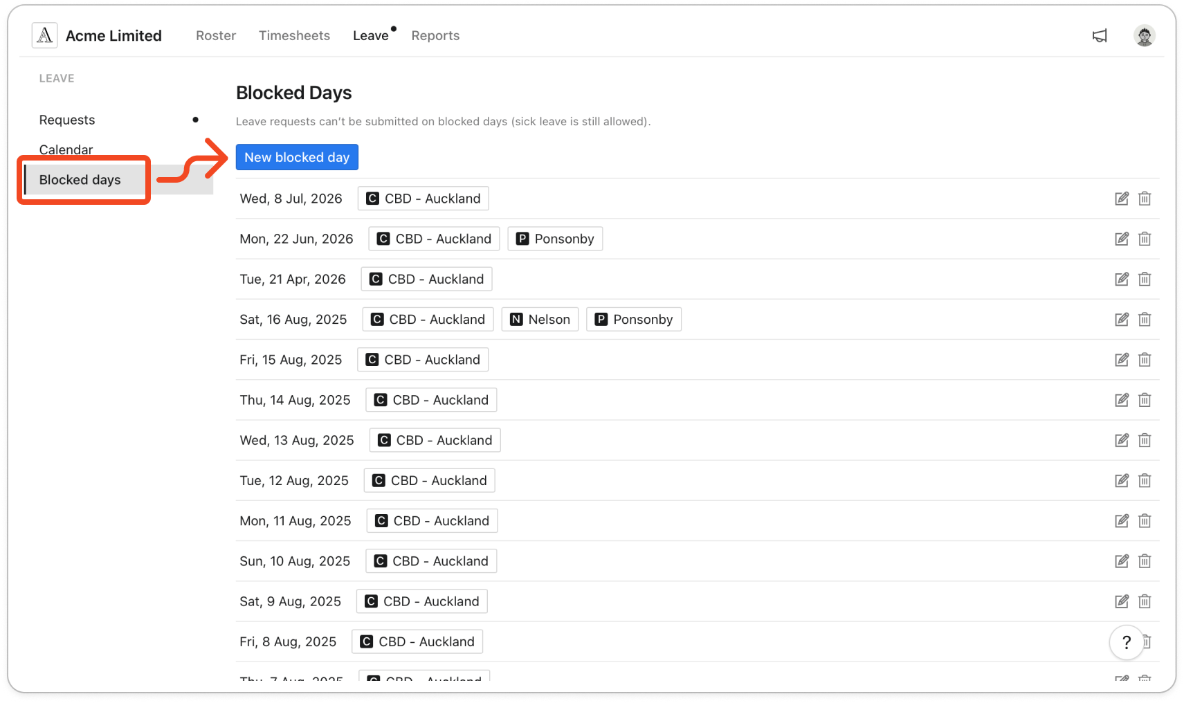 Blocked Days page with the New blocked day button above a list of blocked days, each row showing its dates and location tags