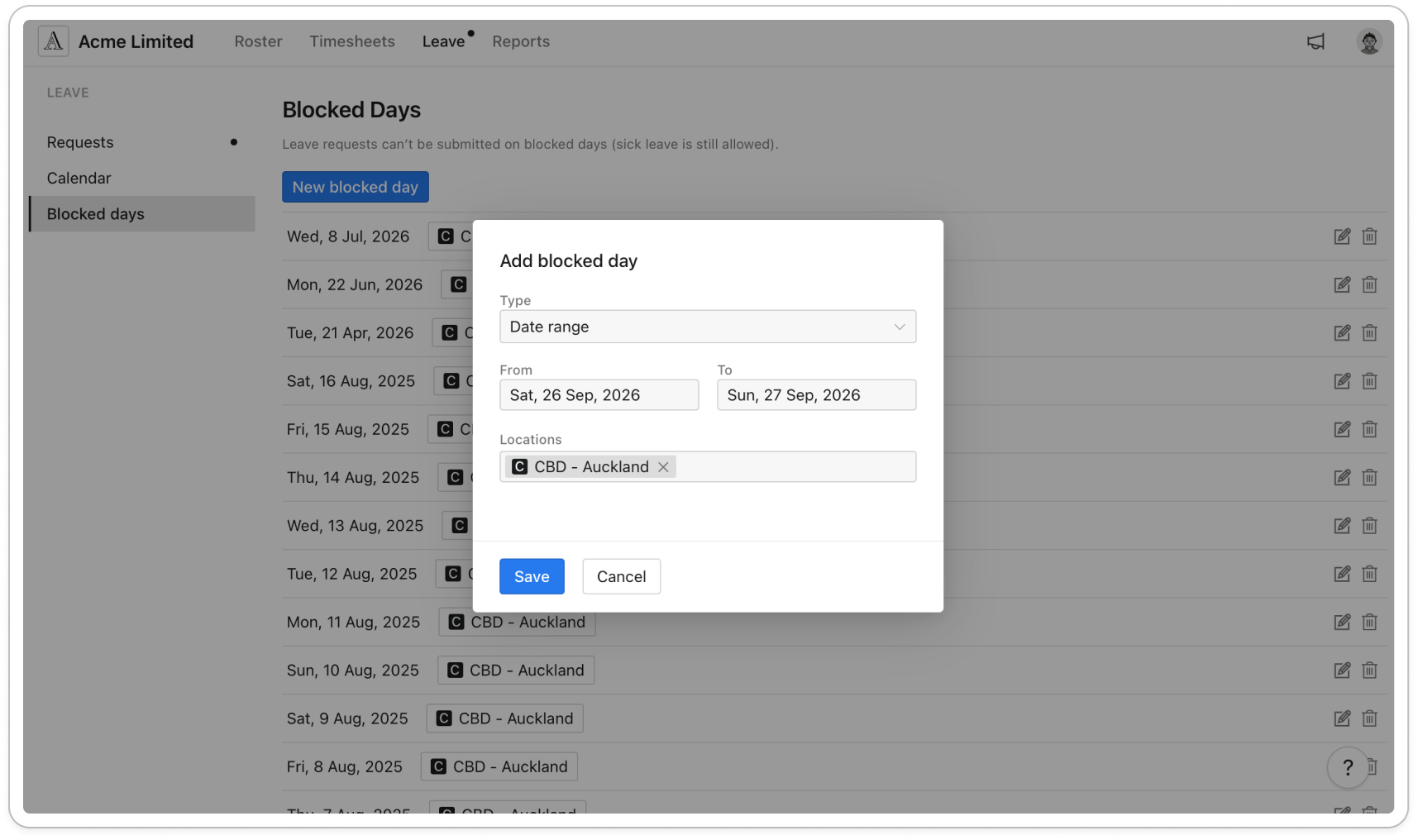 Add blocked day window with Type set to Date range, From and To dates filled in, and two locations chosen under Locations