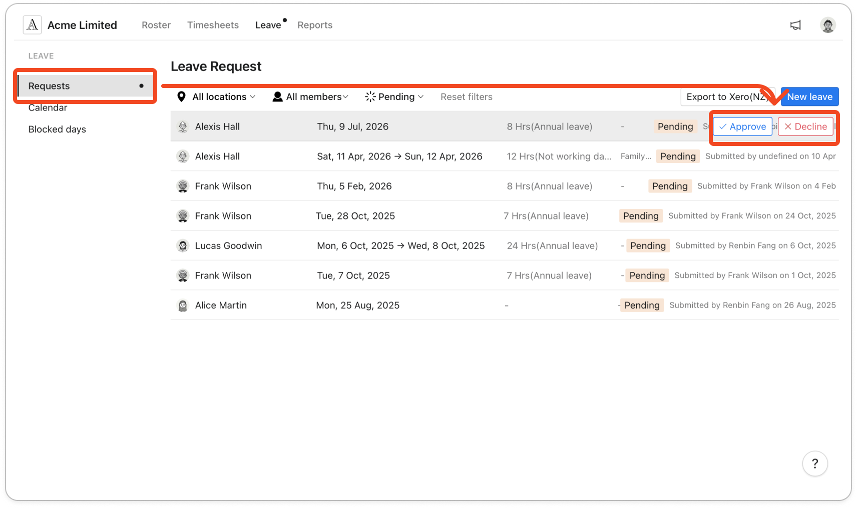 A pending request with the mouse hovering over it, showing the Approve and Decline buttons at the right of the row