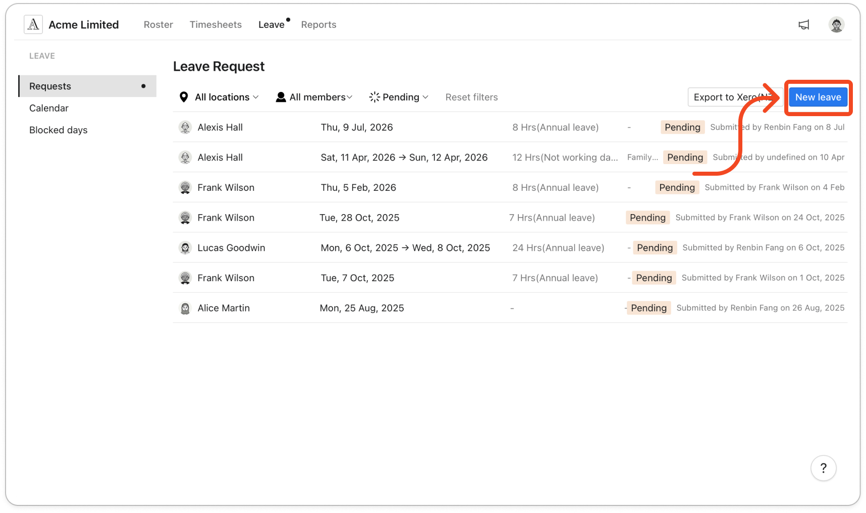 The Requests page with the New leave button at the top right of the toolbar