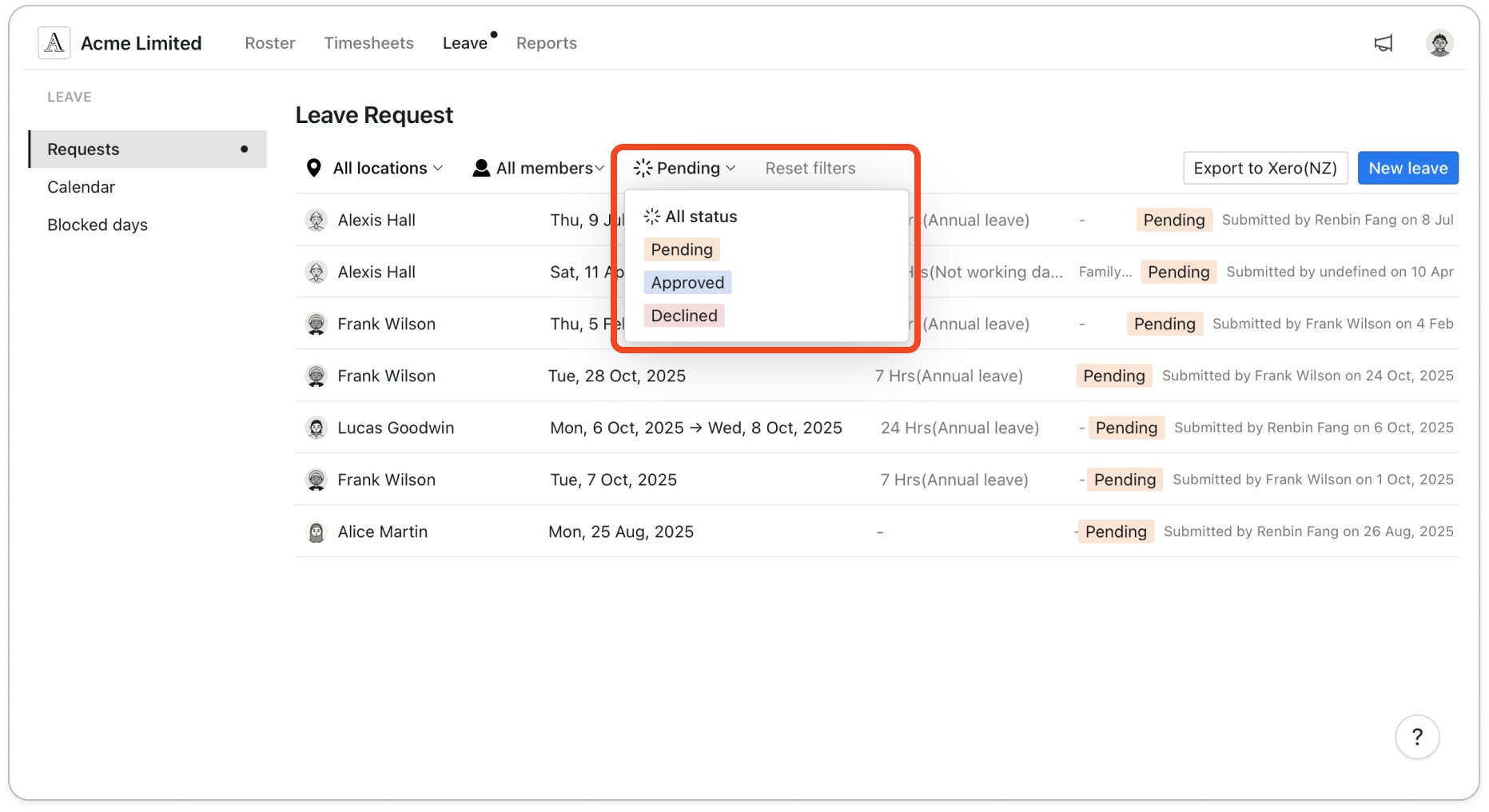 The Requests page with the status filter open, showing All status, Pending, Approved and Declined