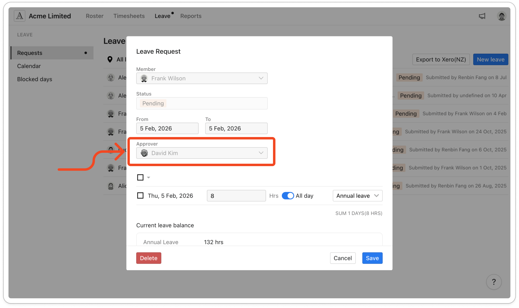 The Leave Request window for a manager's request, showing the Member, Status, From, To and Approver fields with the Close button below