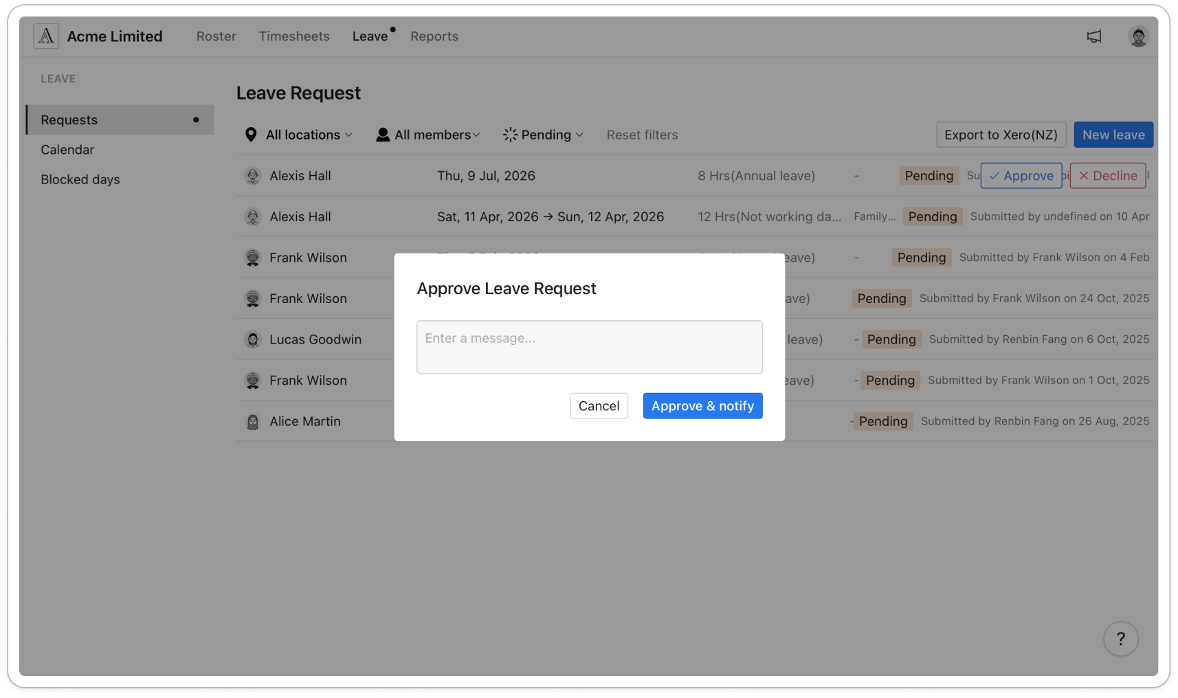 The Approve Leave Request window with the message box and the Approve & notify button, and behind it the request row with Approve and Decline showing