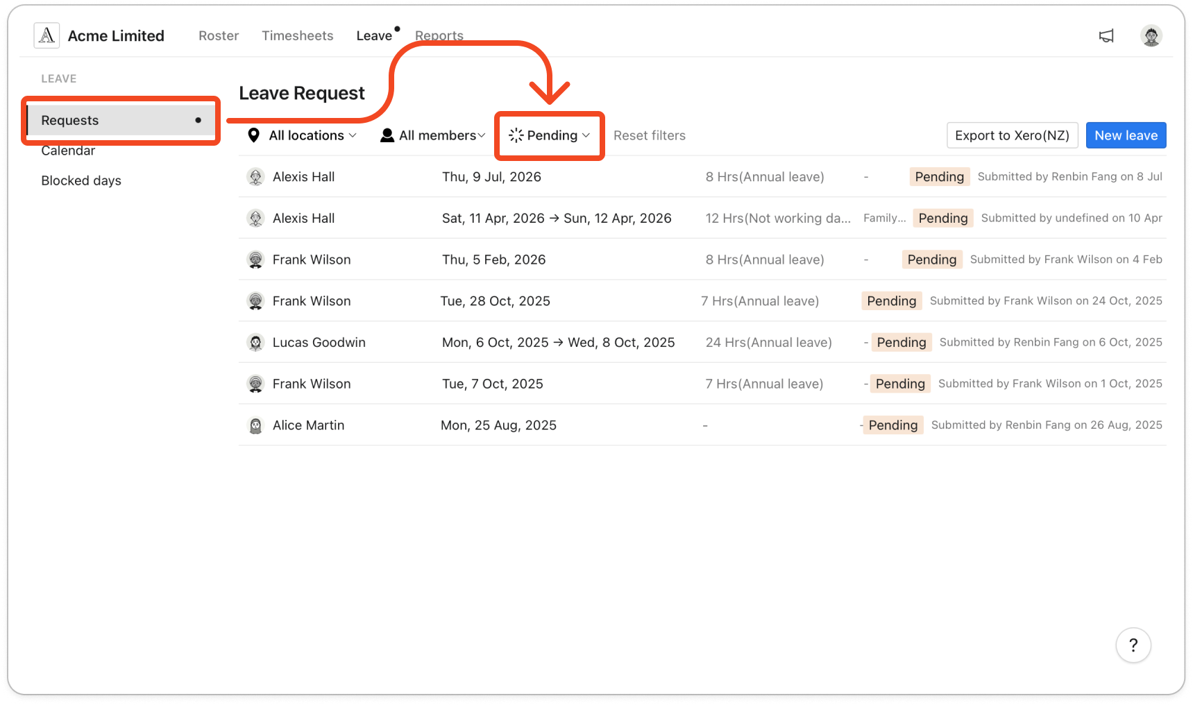 The Leave page on Requests, with the status filter set to Pending and a manager's pending request in the list showing the name, dates, hours and leave type, and "Submitted by" on the right