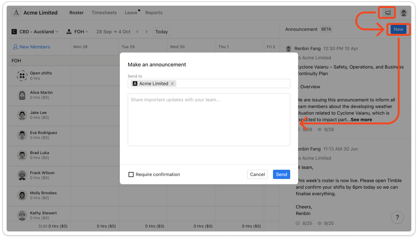 The Make an announcement window with the Send to list open, showing the business name, a location and its departments