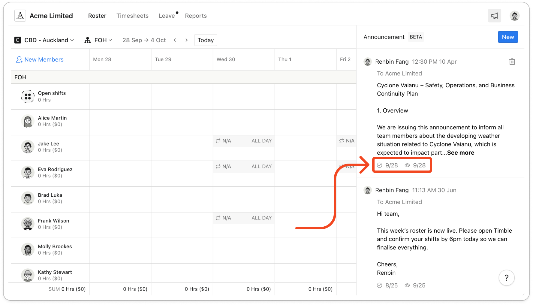 An announcement in the Announcement panel with the read and confirmed counts, and the list of recipients open beside it showing blue eye and tick icons
