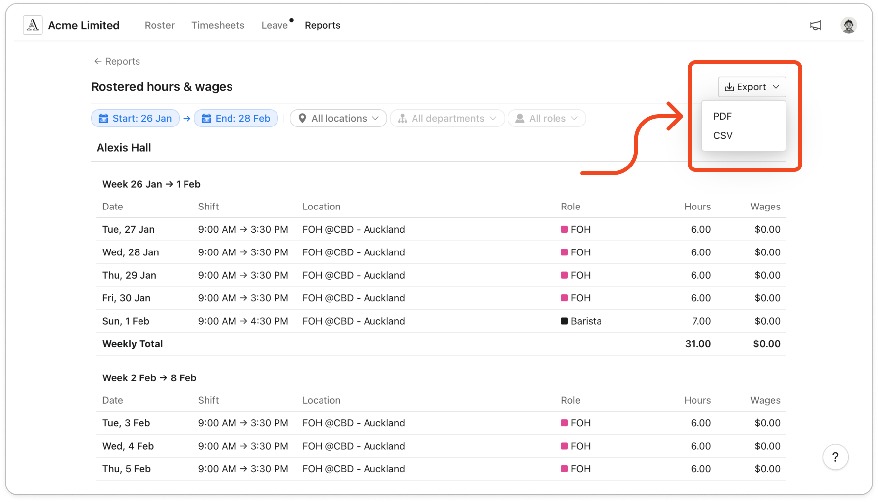 The Export menu open at the top right of the report, showing PDF and CSV
