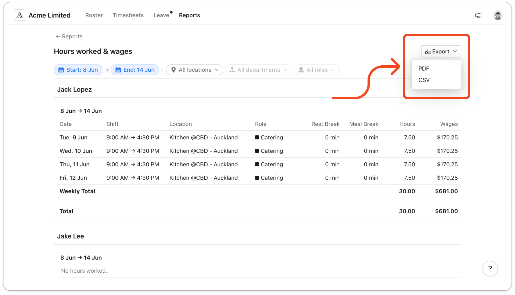 The Export menu open at the top right of the report, showing PDF and CSV