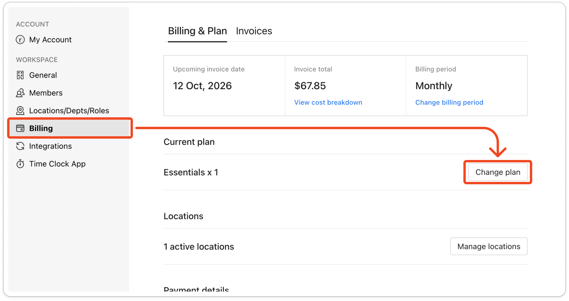 The Billing & Plan tab with the Current plan section highlighted, showing the plan name and location count and the Change plan button