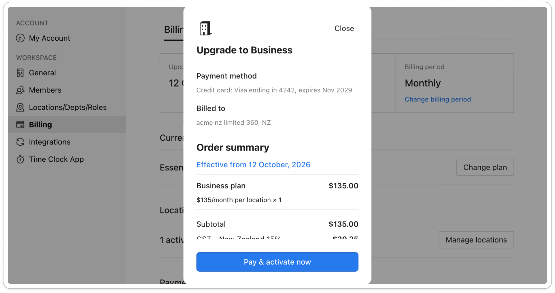 The Upgrade to window showing Payment method, Billed to, the Order summary with its Effective from date, the Subtotal, GST and Total lines, and the Pay & activate now button