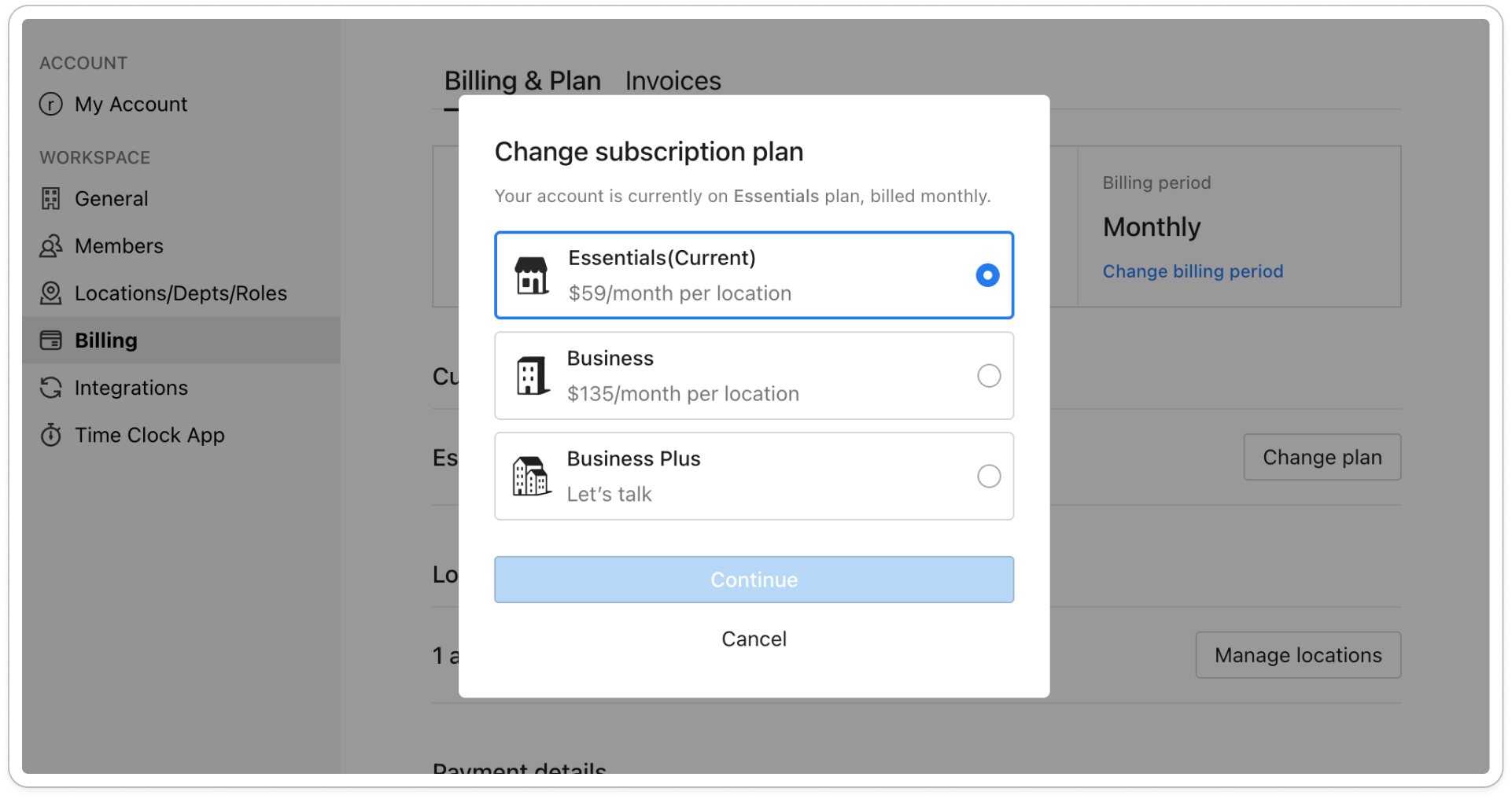 The Change subscription plan window with the three plans listed, the current plan marked (Current), a different plan selected, and the Continue button