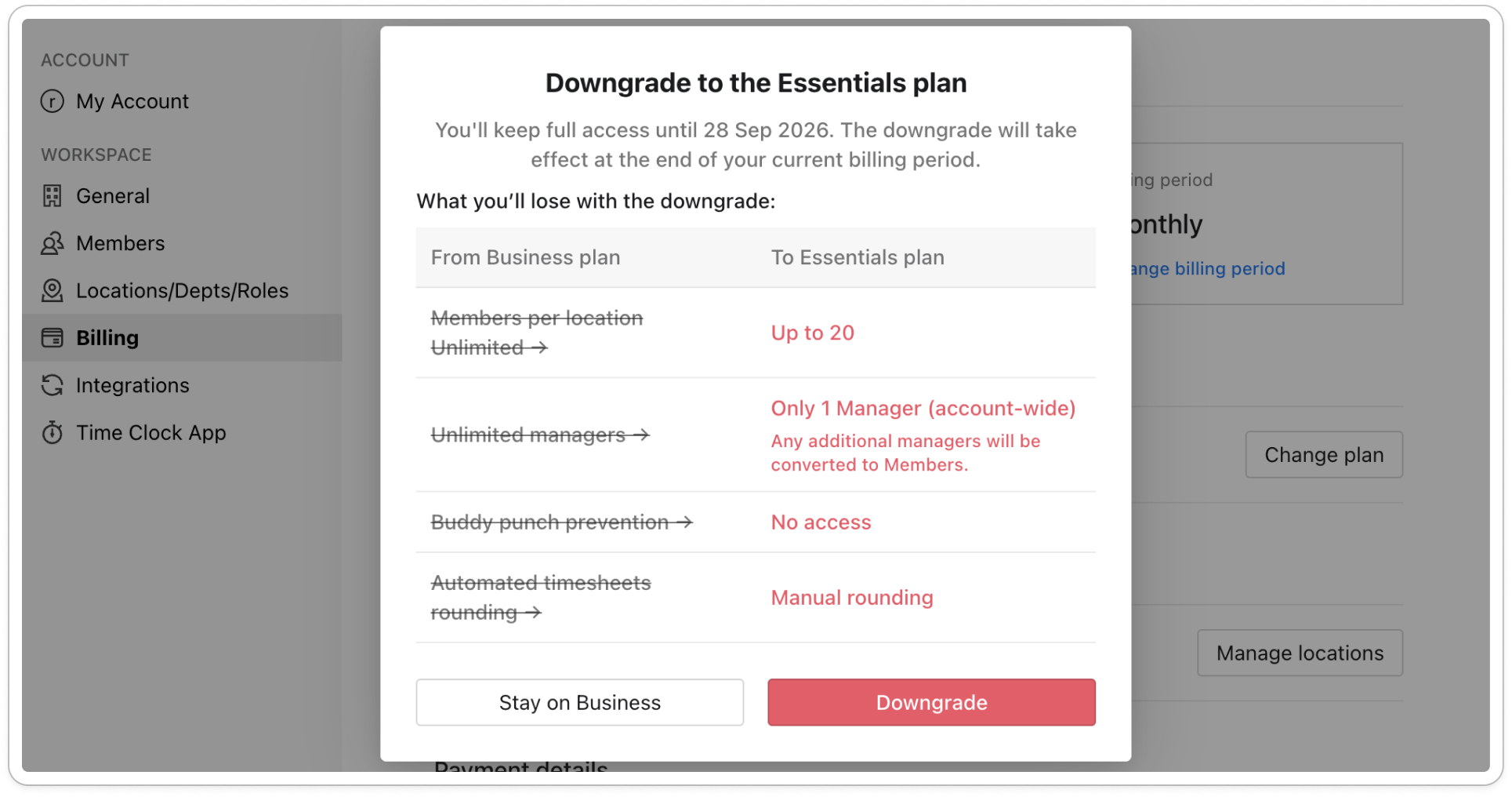 The Downgrade window showing the date full access continues until, the What you'll lose with the downgrade table, and the Downgrade button
