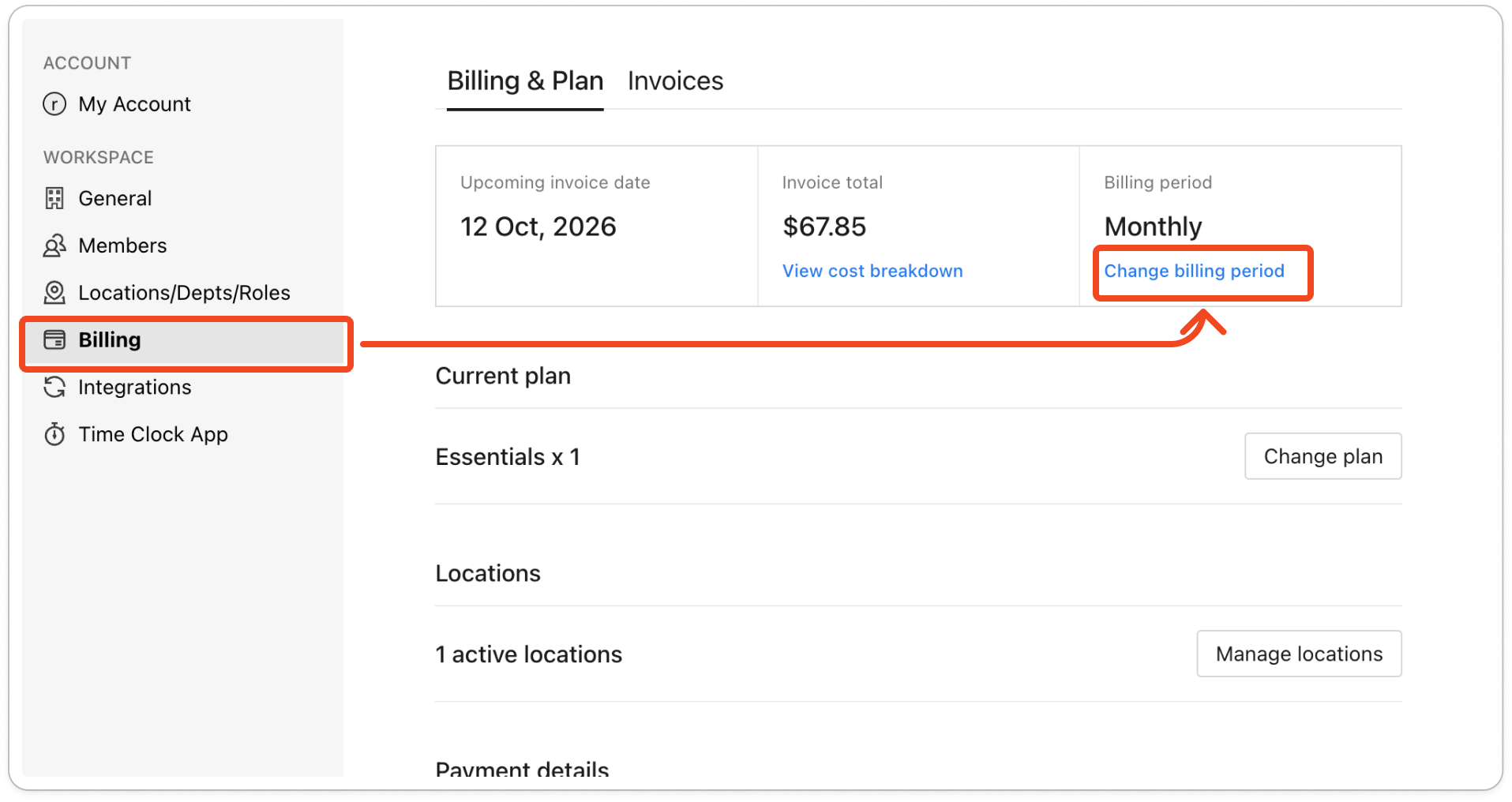 The three boxes at the top of the Billing & Plan tab, with the Billing period box showing Monthly and the Change billing period link