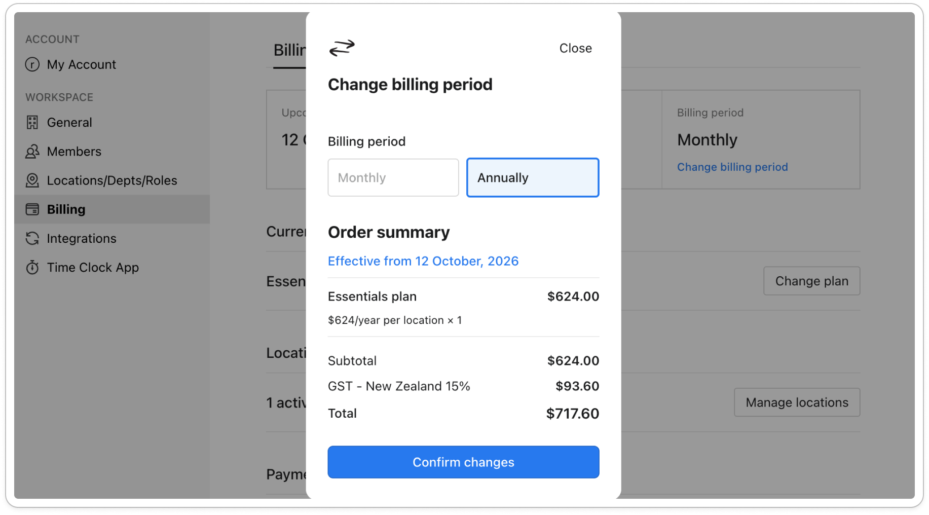 The Change billing period window showing Payment method, Billed to, Monthly and Annually with Annually selected, the Order summary with its Effective from date and total, and the Confirm changes button