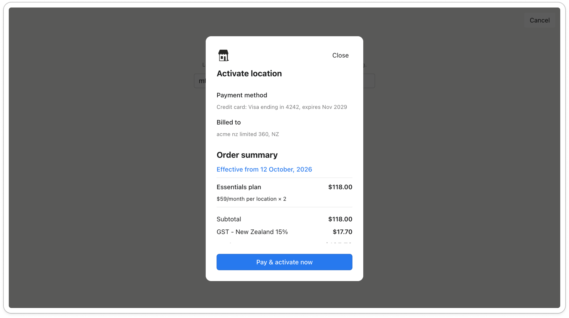 The Activate location window showing Payment method, Billed to, the Order summary with its Effective from date, the Total, and the Pay & activate now button