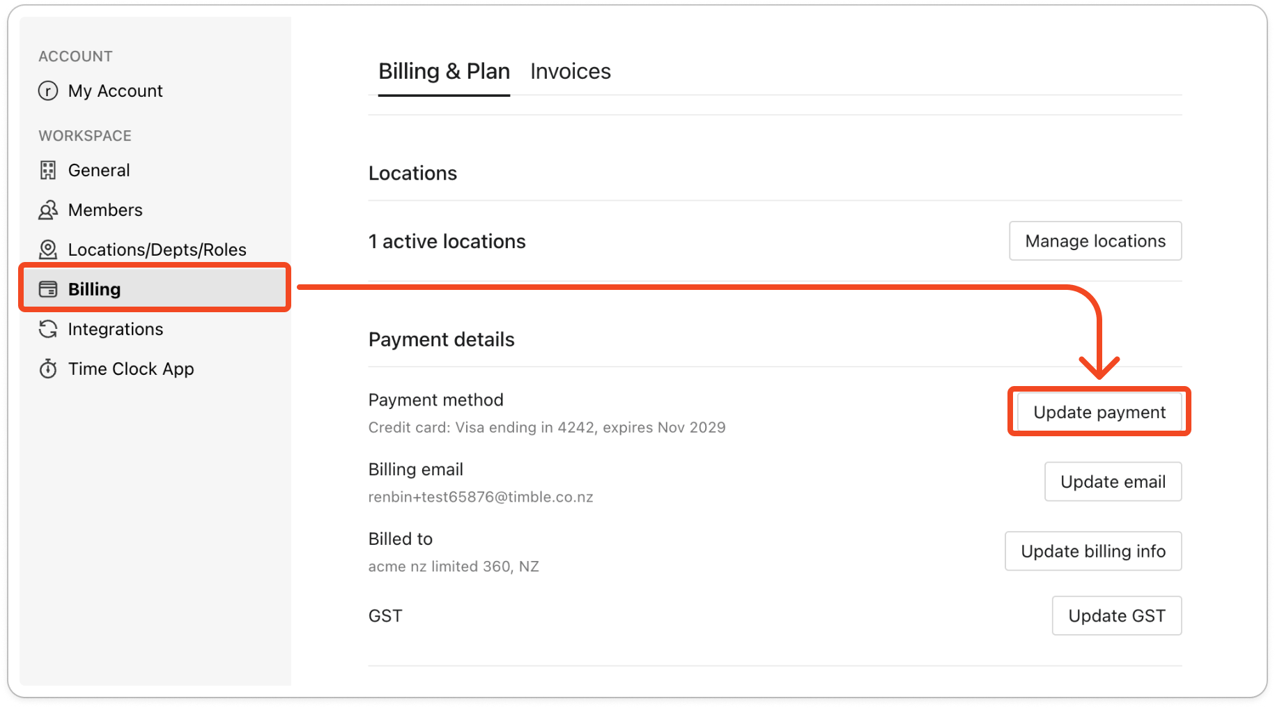 The Payment details section of the Billing & Plan tab, with the Payment method row showing the current card and the Update payment button