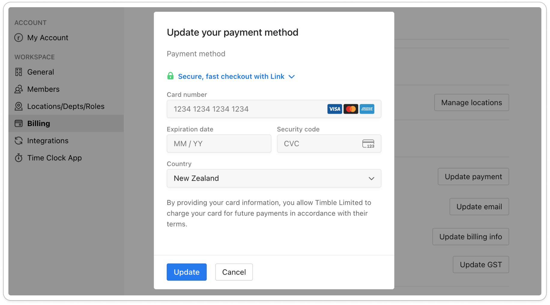 The Update your payment method window with the card details form and the Update and Cancel buttons