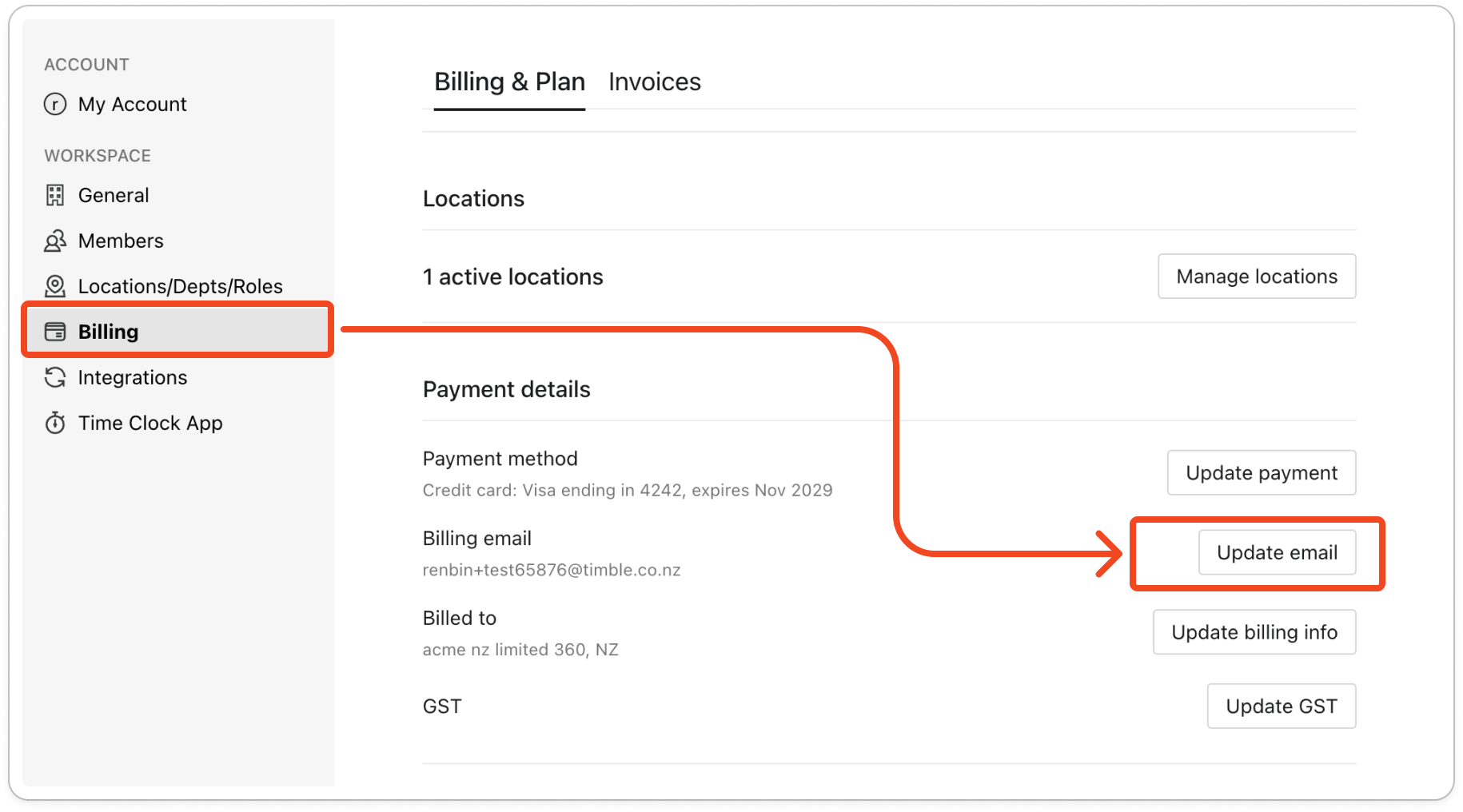 The Update billing email window, with the line "Invoices will be sent to this email address." and the Email field