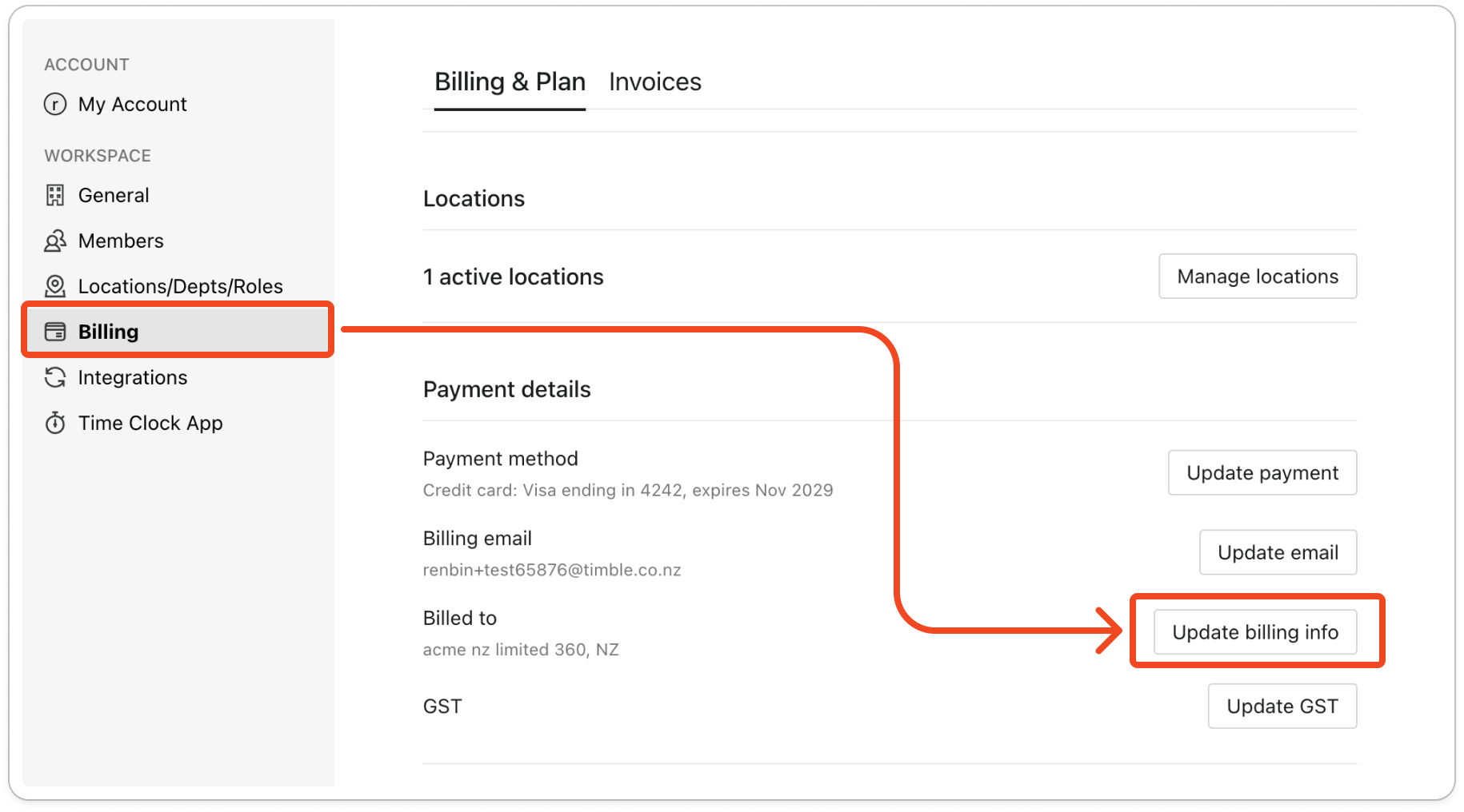 The Update billing info window with the name and address form filled in, and the Update and Cancel buttons at the bottom