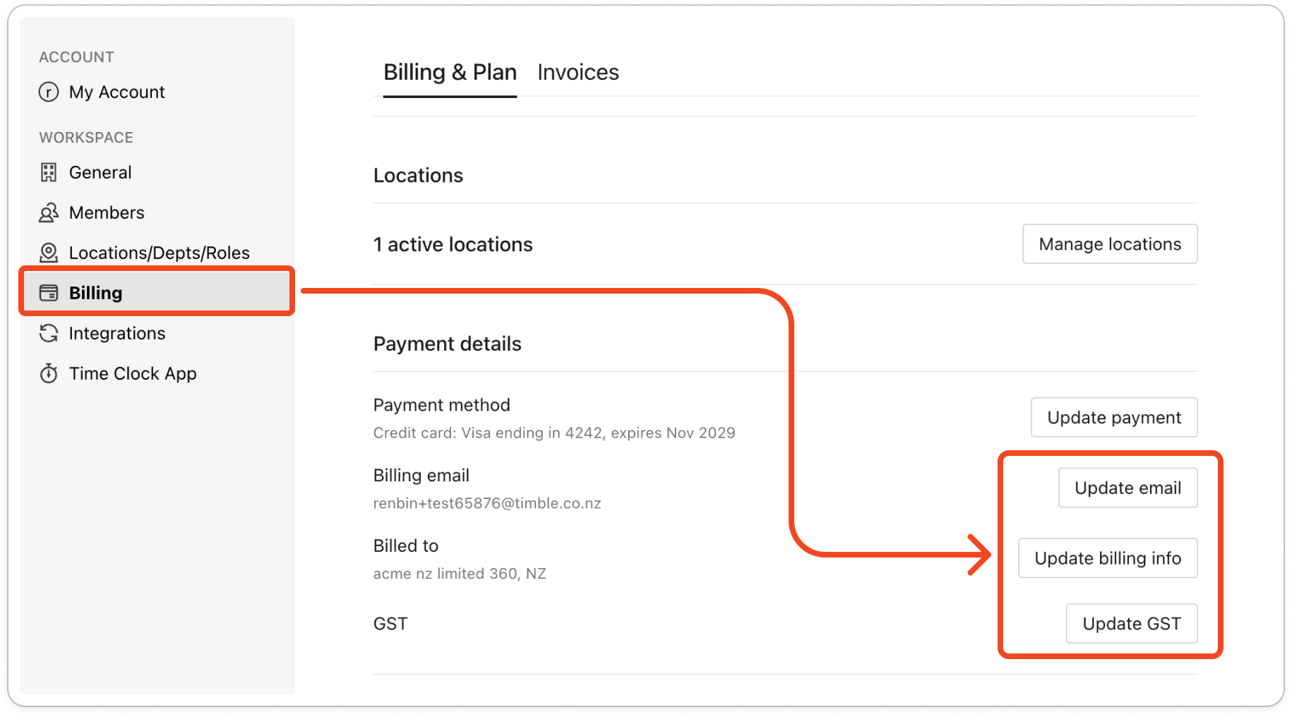 The Settings window on the Billing tab, Billing & Plan selected, with the Payment details section showing the Billing email, Billed to and GST rows and their Update email, Update billing info and Update GST buttons