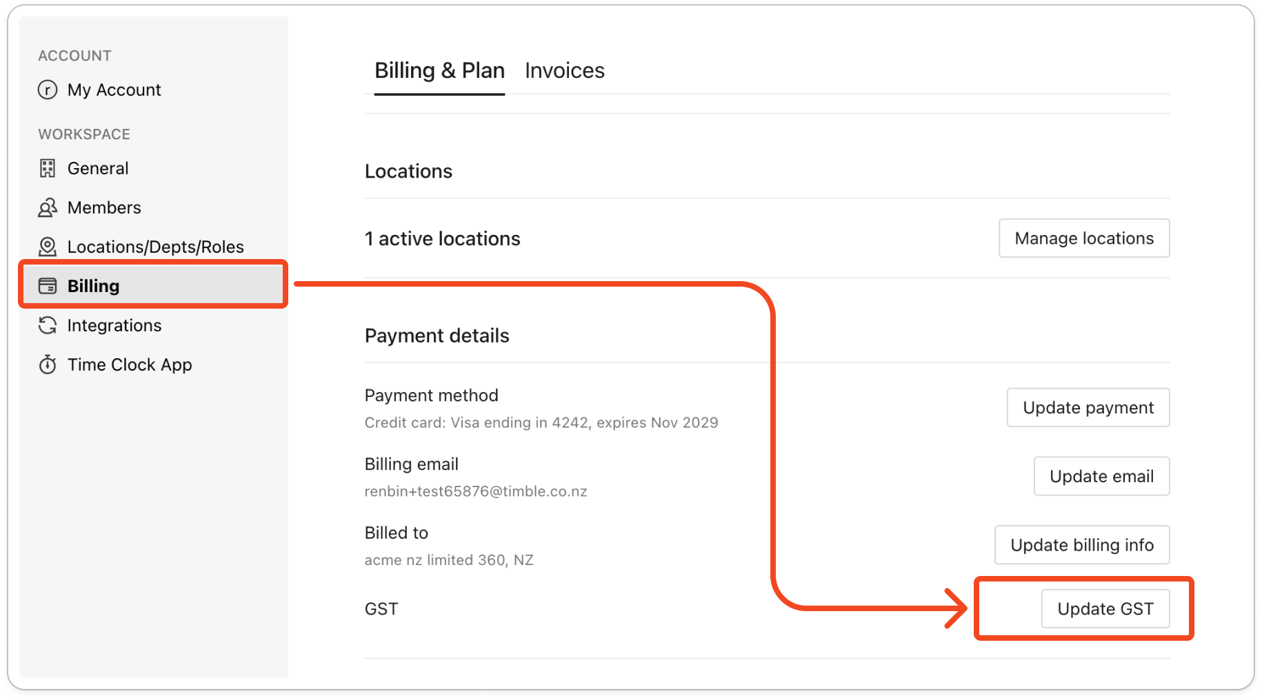 The Update GST window, with the line "Will be displayed on your invoices." and the GST field showing the Enter GST number... placeholder