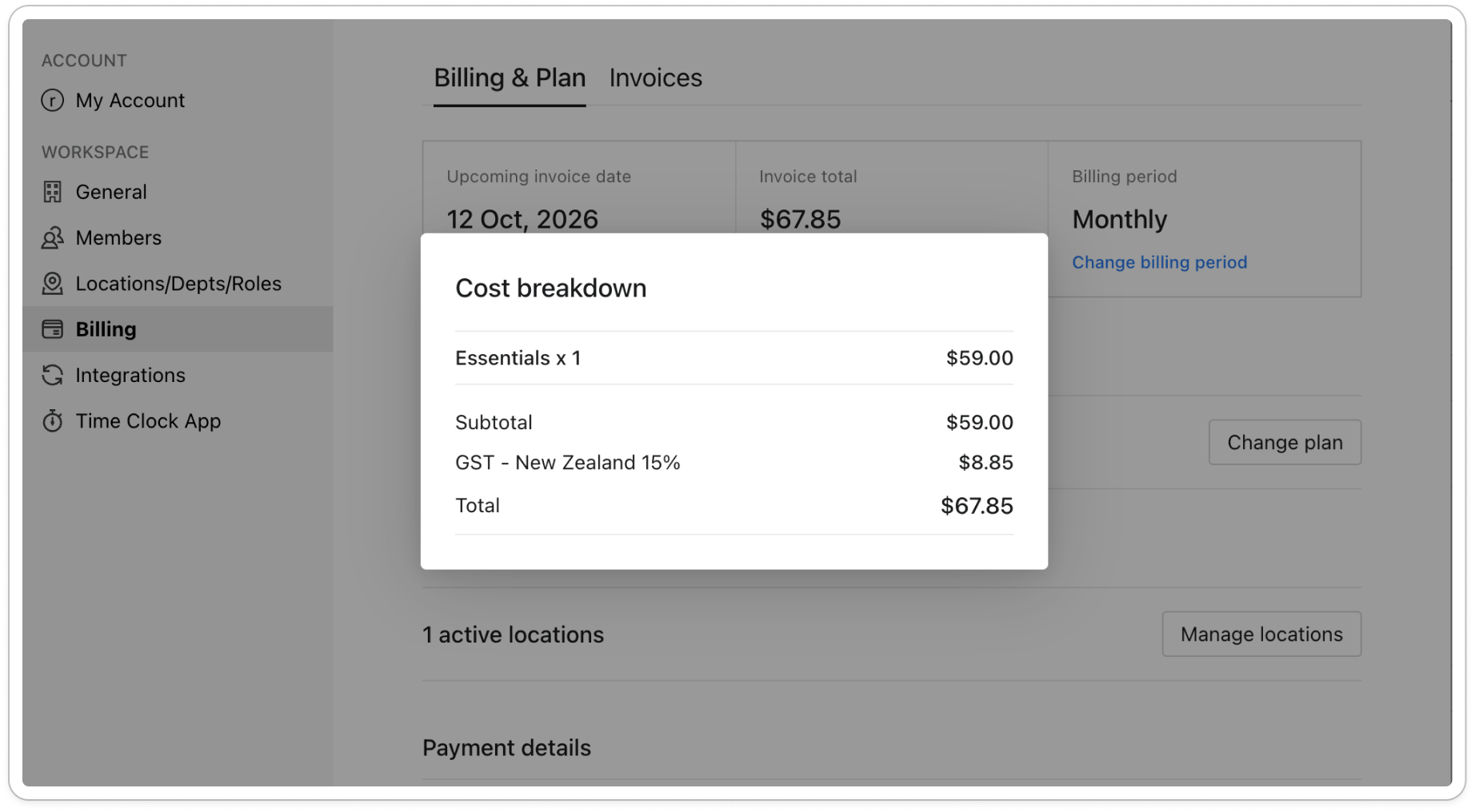 The Cost breakdown window, showing the plan and location count on the first line, then Subtotal, the GST line and Total