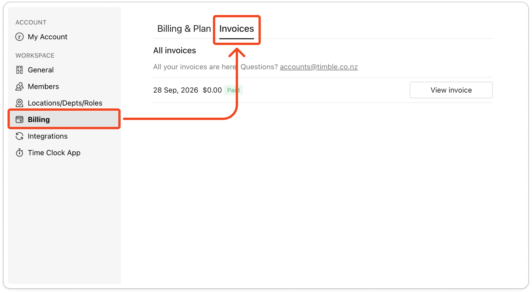 The Invoices tab, with the All invoices list showing several rows, each with a date, an amount, the green Paid label and a View invoice button