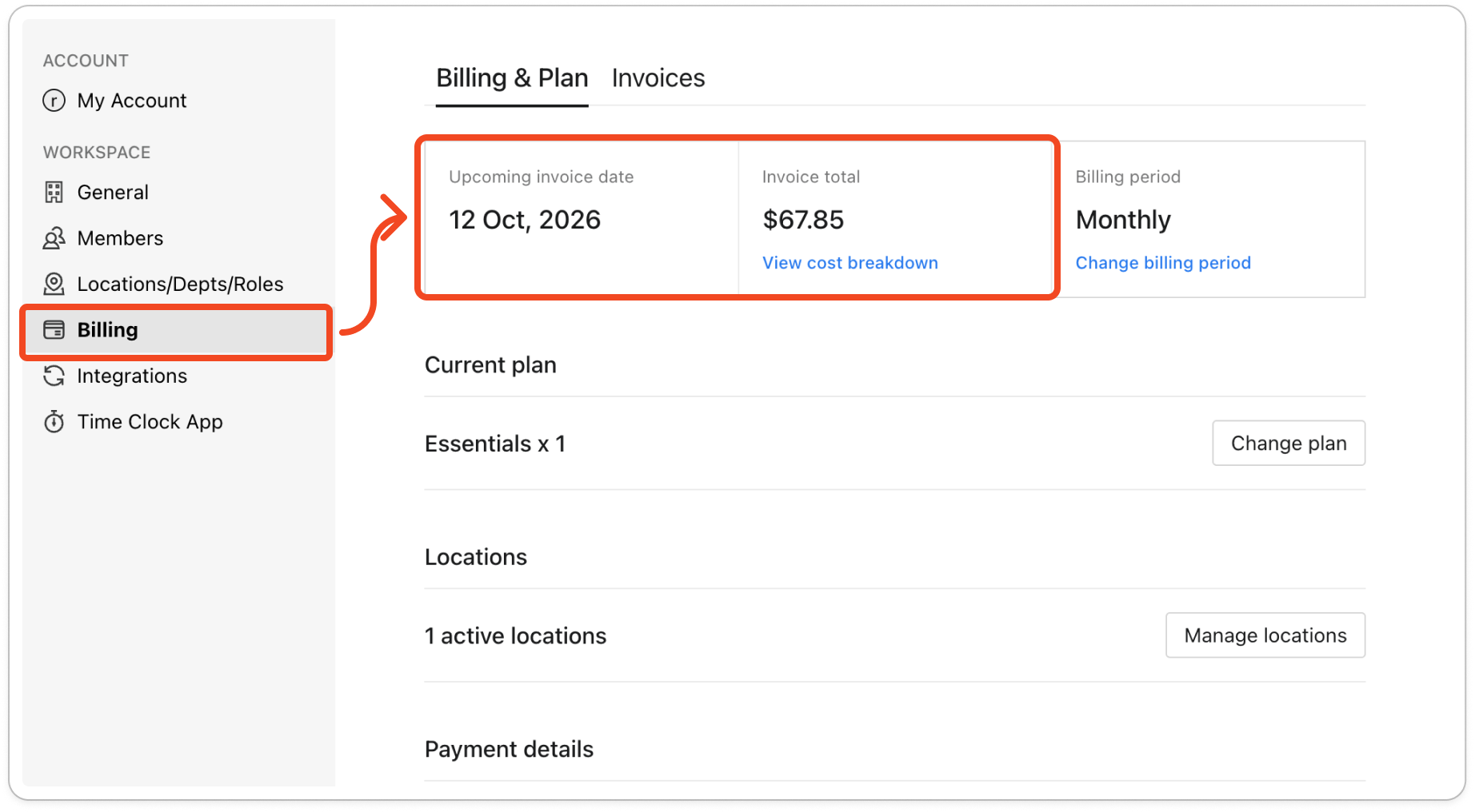 The Billing & Plan tab, with the Upcoming invoice date, Invoice total and Billing period boxes at the top and the View cost breakdown link under Invoice total