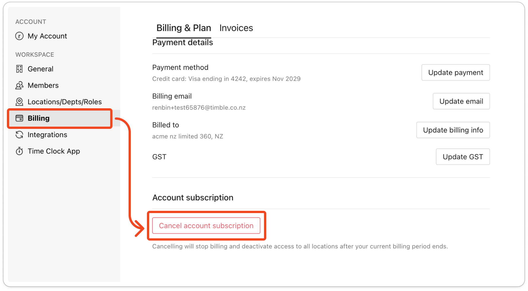 The Billing & Plan tab scrolled to the bottom, with the red Cancel account subscription button under Account subscription and the line about billing stopping after the current billing period ends. assets/imported/51000499375-1.png shows this screen with current labels, but the Freshdesk arrow and boxes are drawn on it and the Payment details heading is cut off