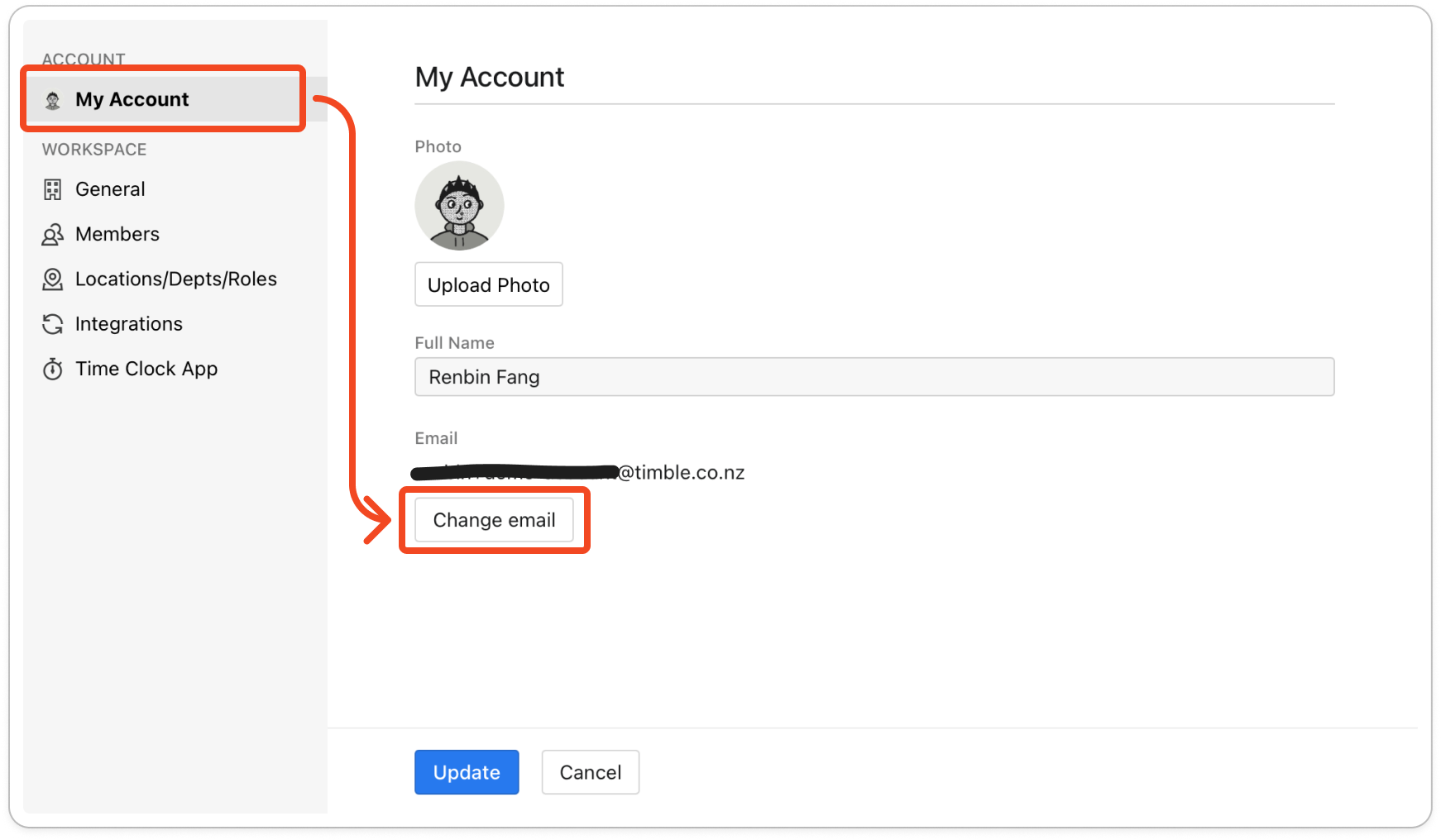 A member's Settings window open on My Account, showing the Email field and the Change email button below it