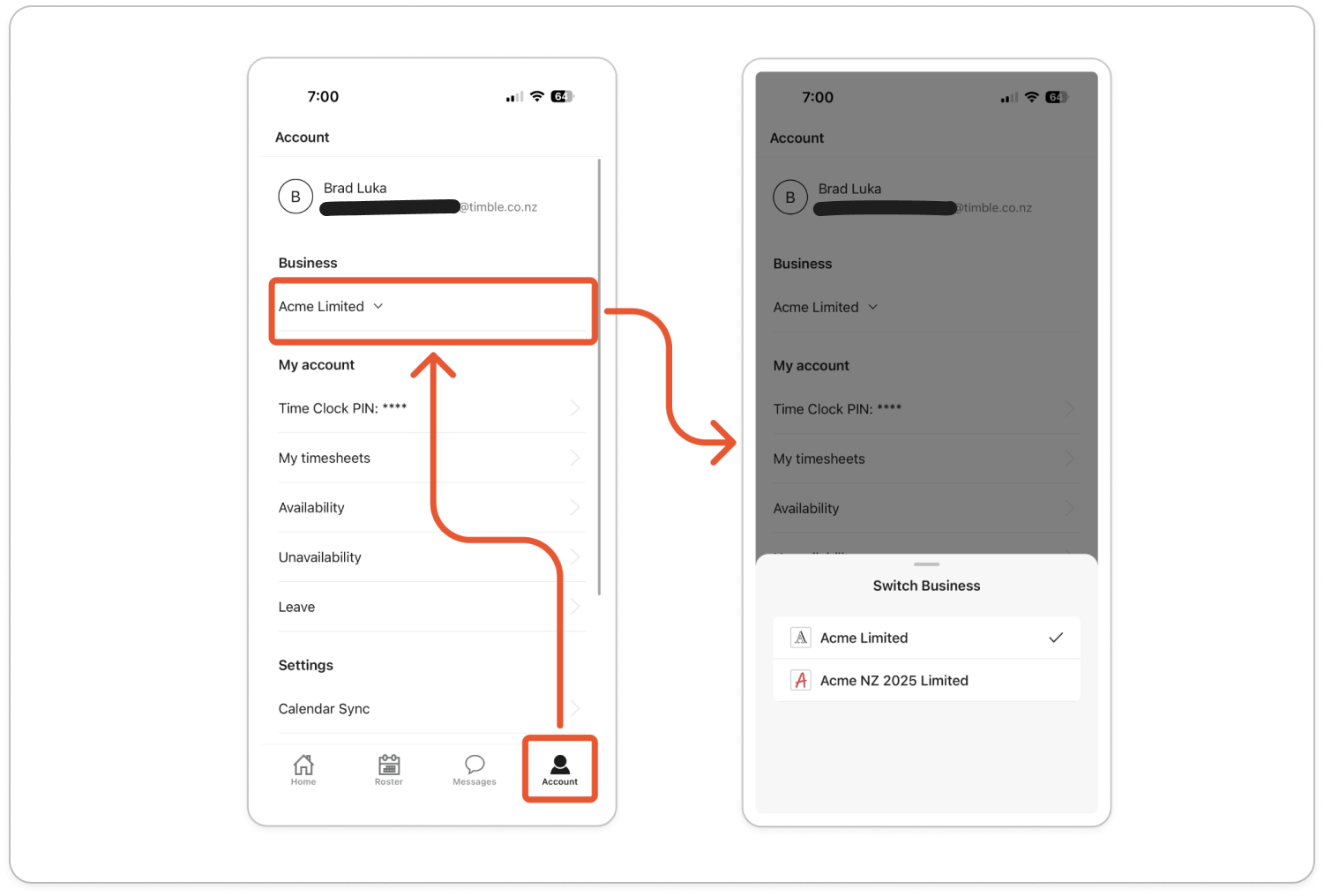 The Switch Business list open over the Account tab, showing two businesses with a tick beside the current one