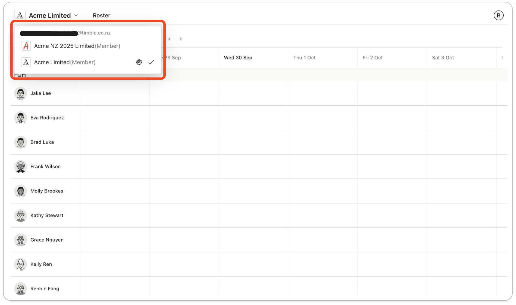 The business list open under the business name in the top left, showing two businesses with the account type in brackets and a tick beside the current one
