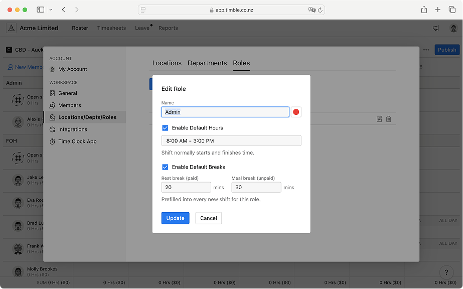 User permissions check list.