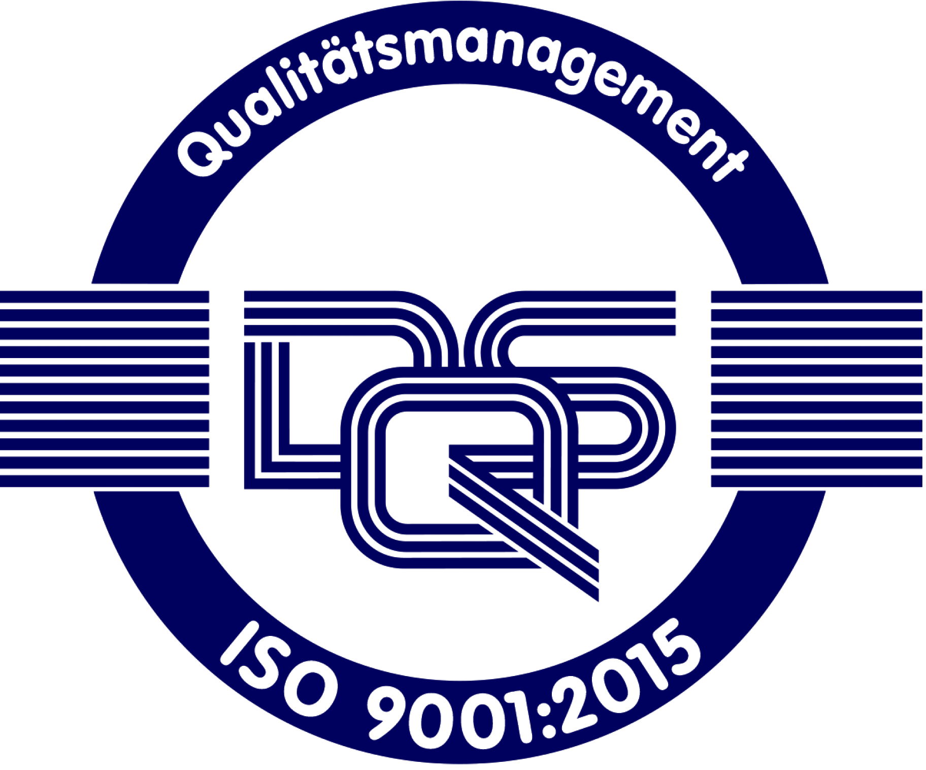 ISO 9001:2015 Zertifikatssiegel für Qualitätsmanagement mit stilisiertem Q in Blau.
