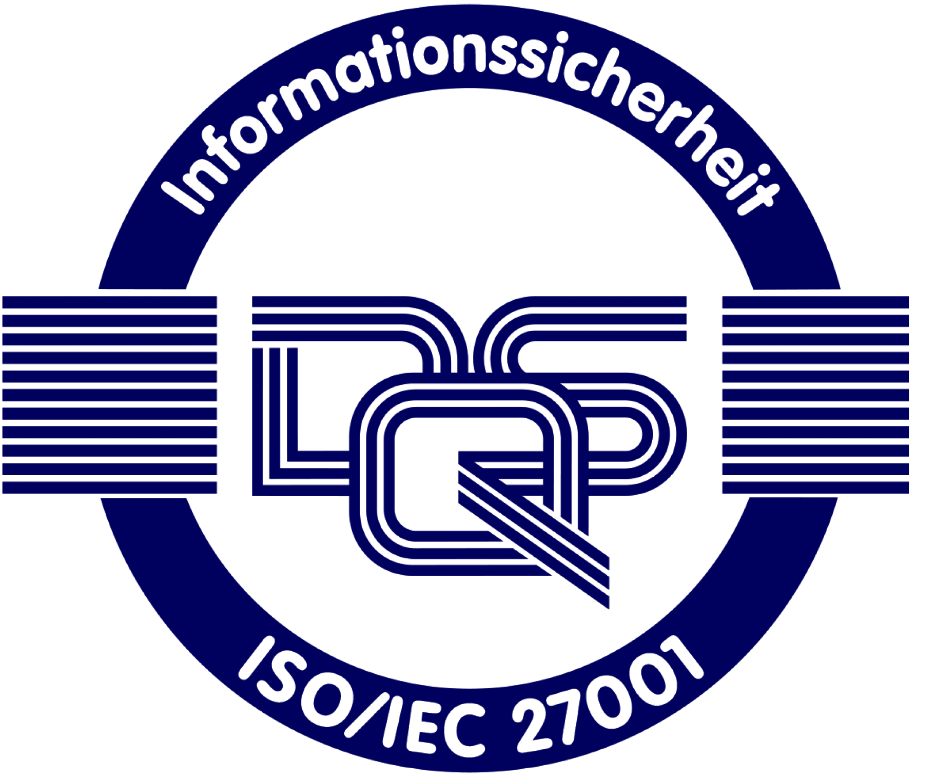 ISO/IEC 27001 Zertifikatssiegel mit dem Text 'Informationssicherheit' und stilisiertem Q in der Mitte.